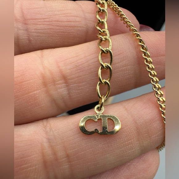 Christian Dior Gold Logo Round Rhinestone Pendant Necklace CD Charm - Picture 9 of 12